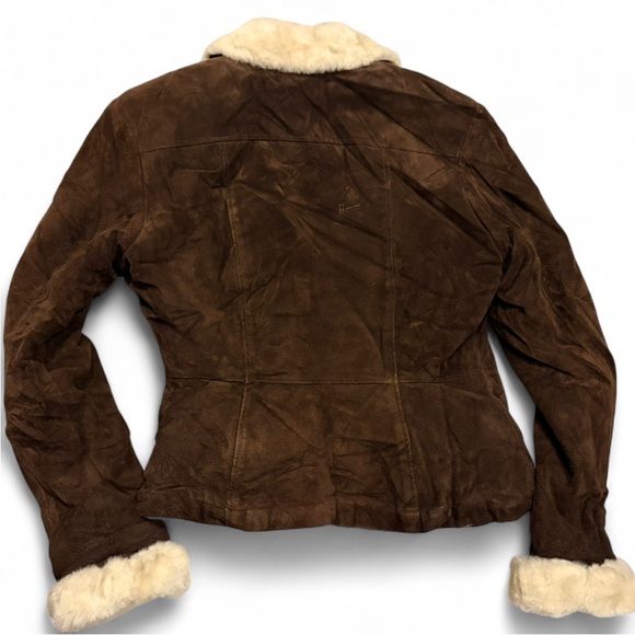 🤎 RARE Maxima Wilsons Y2K Leather Brown Suede Jacket ✨ Cinched Waist | Faux Fur - Picture 7 of 14
